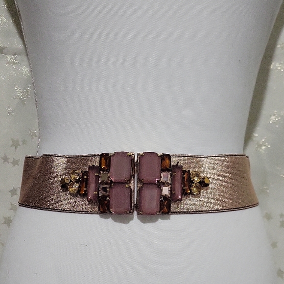 Anthropologie Accessories - Anthropologie Women's S Rose Gold Metallic Elastic Belt Gemstone Buckle